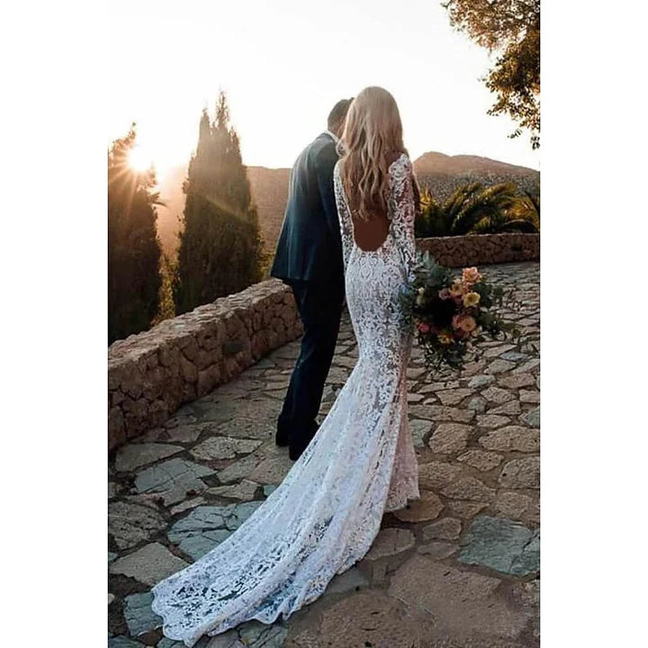 Wholesale Mermaid / Trumpet V-Neck Long Sleeves Wedding Dresses Court Train With Appliques